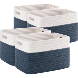4 Pack Storage Baskets for Organizing, Woven Baskets for Shelves - Perfect for Toys, Books, Towels, and Clothes, Durable Gift Basket Bins Toy Storage, 12.7''L x9''W x7.8''H, Blue and White