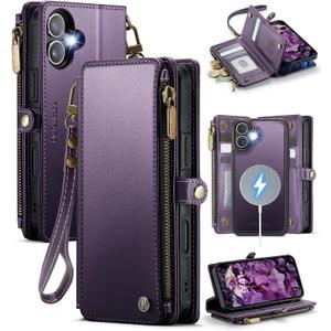 Defencase for iPhone 16 Plus Magnetic Wallet Case Compatible with Magsafe with RFID Blocking Zipper Strap Card Holder for Women Men PU Leather Detachable Case for iPhone 16 Plus (6.7 inches), Purple