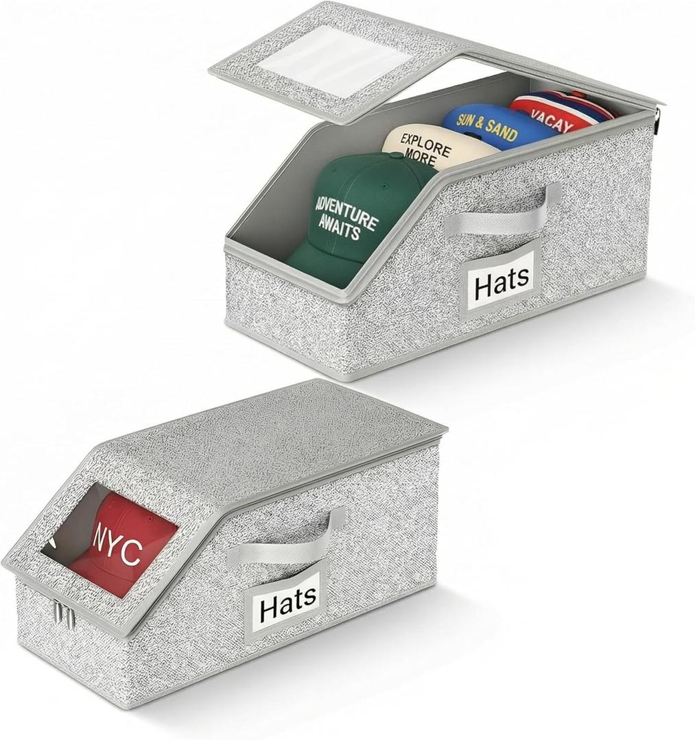 AVOKIHI 2 Pack Hat Organizer for Baseball Caps - Baseball Caps Storage Organizer with Dustproof Lid, Large Fabric Hat Boxes for Men Closet Shelves, Keeps Cap Shape