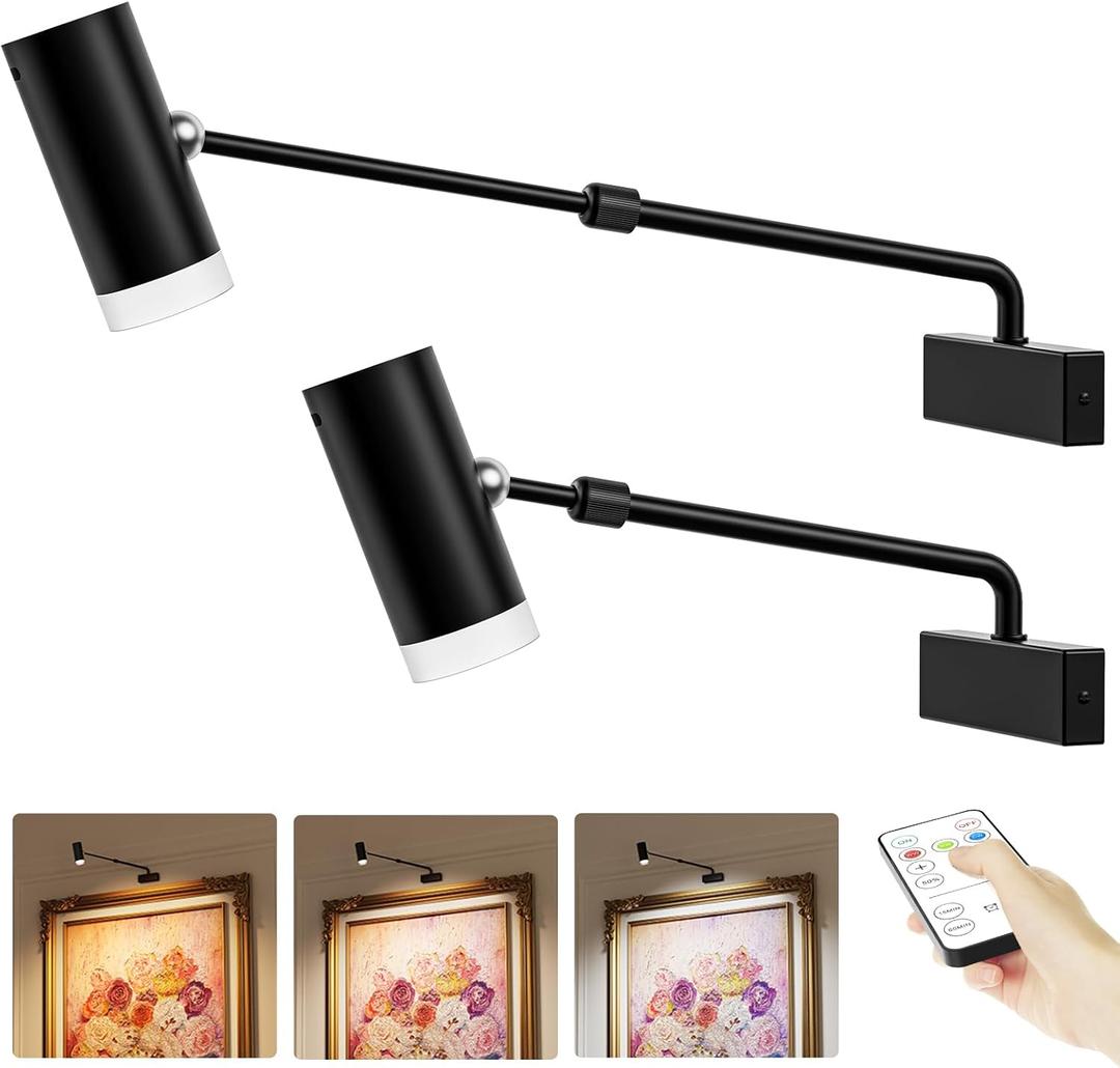 PESUTEN Battery Operated Picture Light, Adjustable Length Wireless Art Light for Paintings CCT Dimmable Rechargeable Picture Light with Remote Control for Gallery Reading Dartboard Bathroom 2PCS