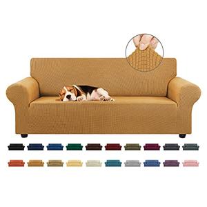 KEKUOU Stretch Sofa Cover Slipcover, Couch Covers for 3 Cushion Couch Sofa pet Friendly (78"-94") Furniture Protector Sofa with Elastic Bottom for Kids, Dog, Jacquard Small Checked (Large, Golden)