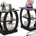 End Table Set of 2 with Charging Station, Black Side Table with USB Ports and Outlets for Living Room, Wood Nightstand with Large Storage Shelf for Bedroom Sofa Couch, Bedside Table Night Stands