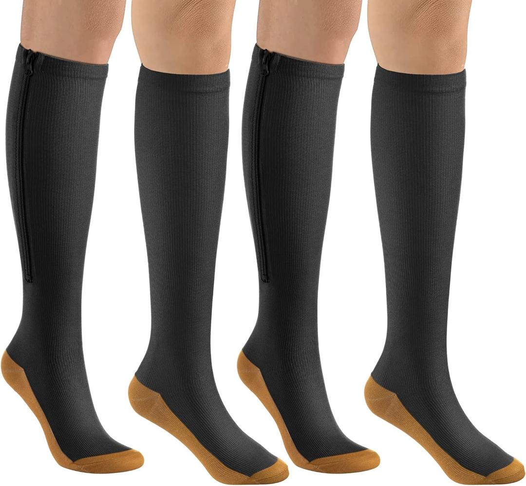 bropite Zipper Compression Socks Women & Men - 2Pairs Calf Knee High 15-20mmHg Closed Toe Compression Stocking (Large-X-Large, Black Copper)