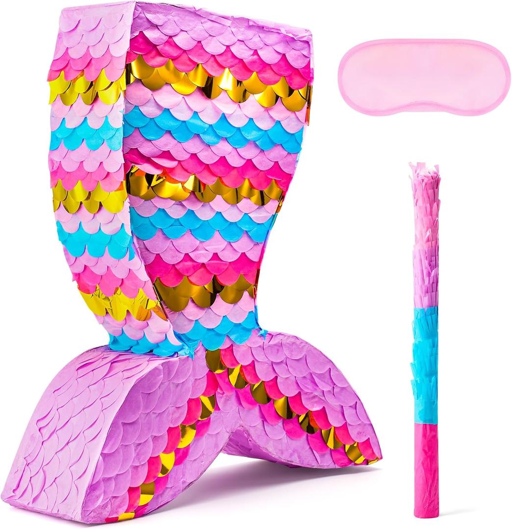 Mermaid Tail Pinata with Plastic Bat and Paper Blindfold for Fun Fiesta Taco Party Supplies, Photo Props, Mexican Theme Decoration, Carnivals Festivals, Girl Kids Birthday Parties 13W x 15.7H