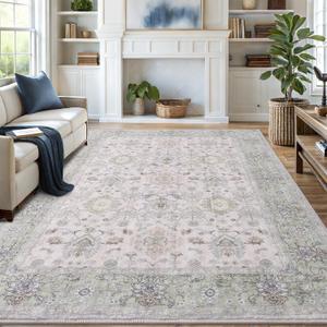 8x10 Area Rugs for Living Room, Bedroom - Machine Washable, Non-Slip Bedside Rug, Large Soft Floor Carpet for Office, Dining Room, Farmhouse and Home Decor, Cozy Elegance/Green