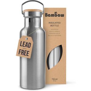 Bambaw Insulated Water Bottle 24oz | Stainless Steel Water Bottle | Insulated Water Bottles | Travel Water Bottle | Metal Water Bottle | Large Water Bottle | Reusable Water Bottle 750 ml (Silver)