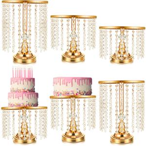 Bokon 6 Pcs Crystal Gold Cake Stand Round Dessert Cupcake Holder Metal Stand Table Cake Pedestal with Crystal Pendant and Wedding Bead Dessert Cupcake Pastry Display Plate for Wedding Birthday Party