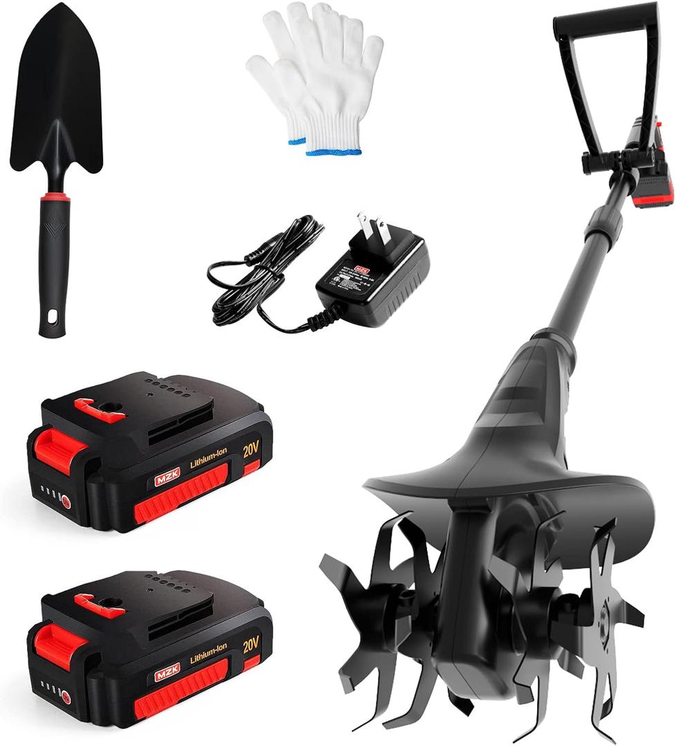 MZK 20V Cordless Tiller Cultivator with 24 Steel Tines,7.8-inch Wide Battery Powered Garden Cultivator, Mini Tiller for Gardening(2 * 2AH Battery and Charger Included) (2 Batteries)
