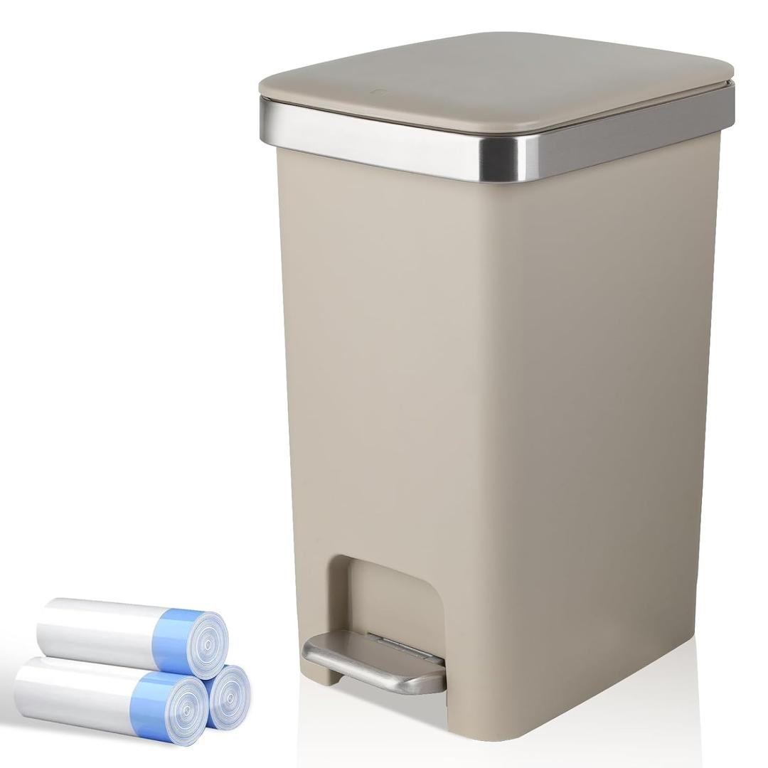 Small Bathroom Trash Can with Lid and 3 Rolls Trash Bags, Step Pedal Wastebasket Plastic Garbage Can with Pop-Up Lid 2.6 Gallon Bin for Kitchen, Bedroom, Office, Dorm, Laundry, Toilet, Rv,Khaki
