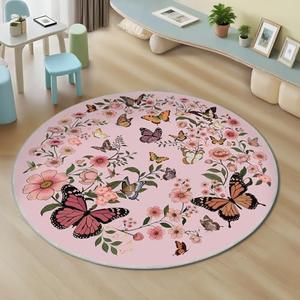 Floral Round Rug 4ft - Washable Circle Rug Soft Large Circle Carpet for Bedroom Living Room Kitchen Nursery, Pink