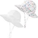 2 x Baby Girl Sun Hat 2Pack Infant Toddler Swim Wide Brim Strap Bucket Hat with UPF 50+ Adjustable (White)