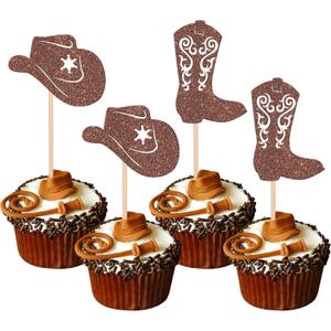 24 PCS Cowboy Cupcake Toppers Glitter Cowboy Hats Boots Cupcake Picks Cowboy Party Cupcake Decorations for Western Theme Baby Shower Boys Birthday Party Cake Decorations Supplies Brown