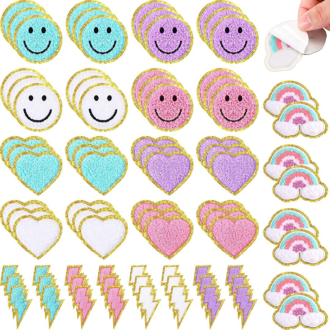 Hanaive 80 Pcs Chenille Letter Patches Self Adhesive Iron on Patch 3D Cute Embroidered Rainbow Smile Face Heart Applique Sewing Badges Patch for Fabric Clothing Jacket DIY(Soft Color,Cute)