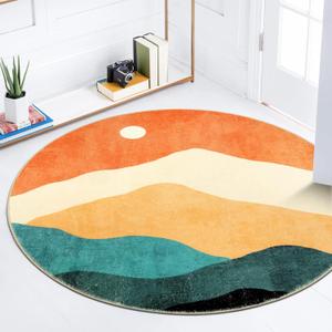 Abstract Round Rug 3ft, Faux Wool Soft Throw Area Rugs, Washable Farmhouse Small Circle Rug, Floor Low Pile Mats for Bedroom Bathroom Laundry Room Nursery Decor (Multi Color)