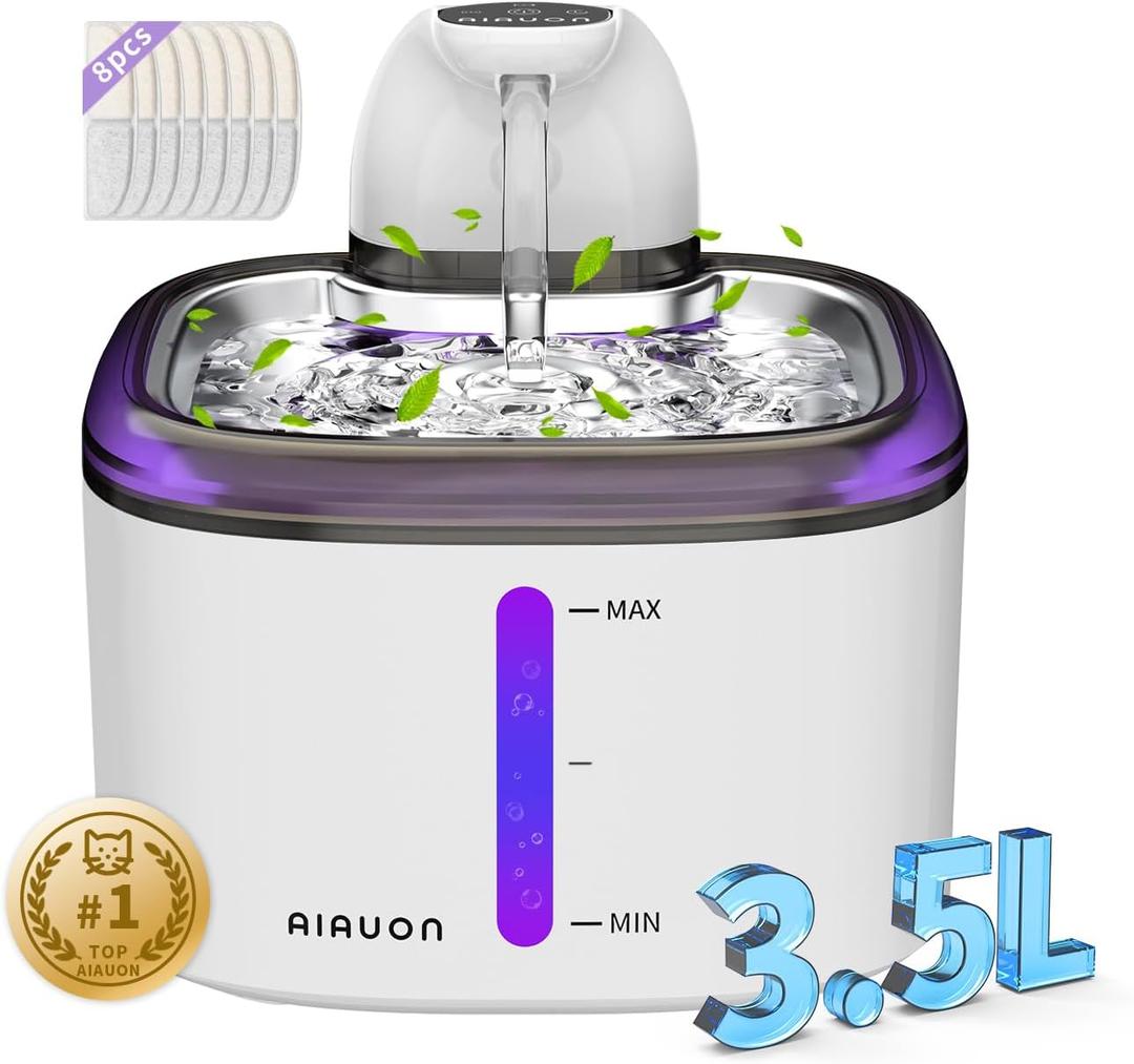 Cat Water Fountain Cordless 118oz/3.5L Wireless & Battery Operated Pet Water Fountain for Indoor Cats, Stainless Steel Tray with Sensor & Timer Modes, Ultra-Quiet, BPA-Free & Easy-to-Clean