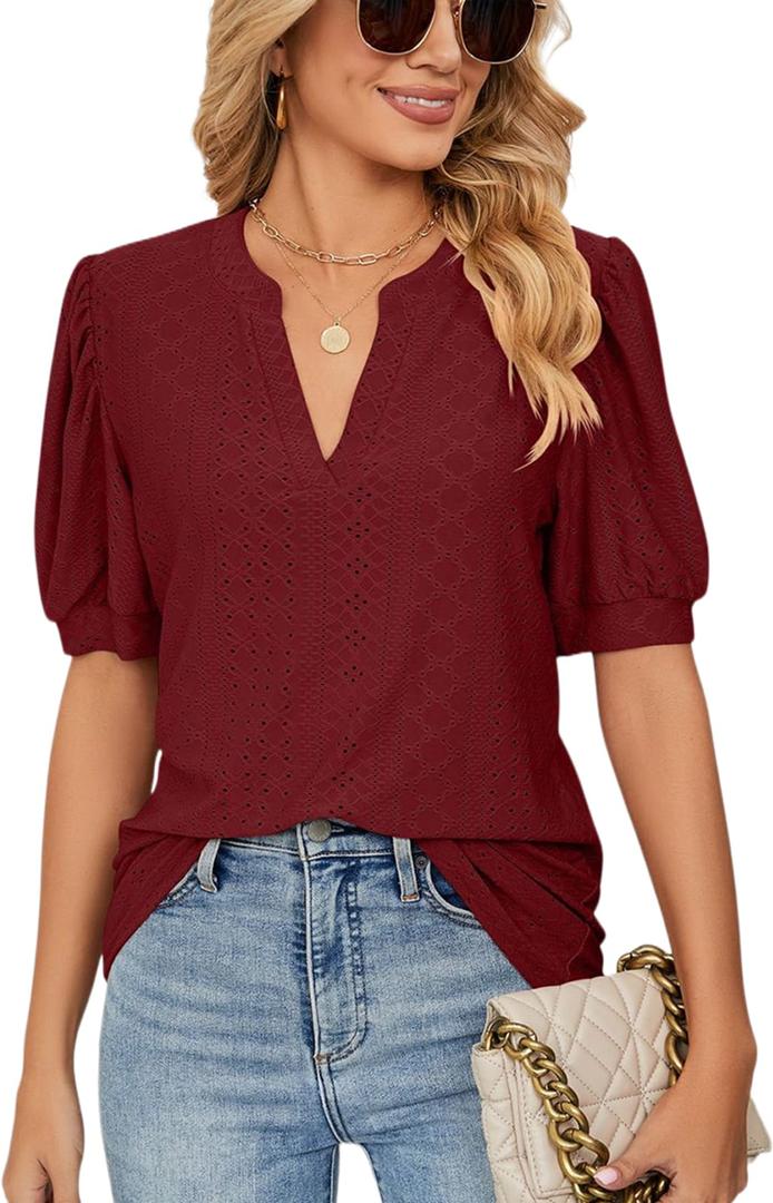 PerZeal Women's Summer Tops Tunic V Neck Ruffle Half Sleeve Blouses Short Sleeve Casual Loose Tops T-Shirts Burgundy XX-Large