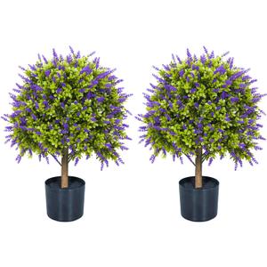 Artificial Lavender Topiary Ball Trees, 2 Set of UV Resistant Fake Evergreen Shrubs Bushes Plants, Faux Bushes for Outdoor Indoor Front Porch Garden Yard
