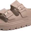 FUNKYMONKEY Women's Comfort Slides Double Buckle Adjustable Plastics Flat Sandals (10, Lt Coffee/Hdspk)