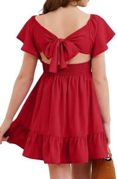 Girls Elegant Ruffle Back Tie Dress Size 4-15 Years Old (10-11 Years, Red)