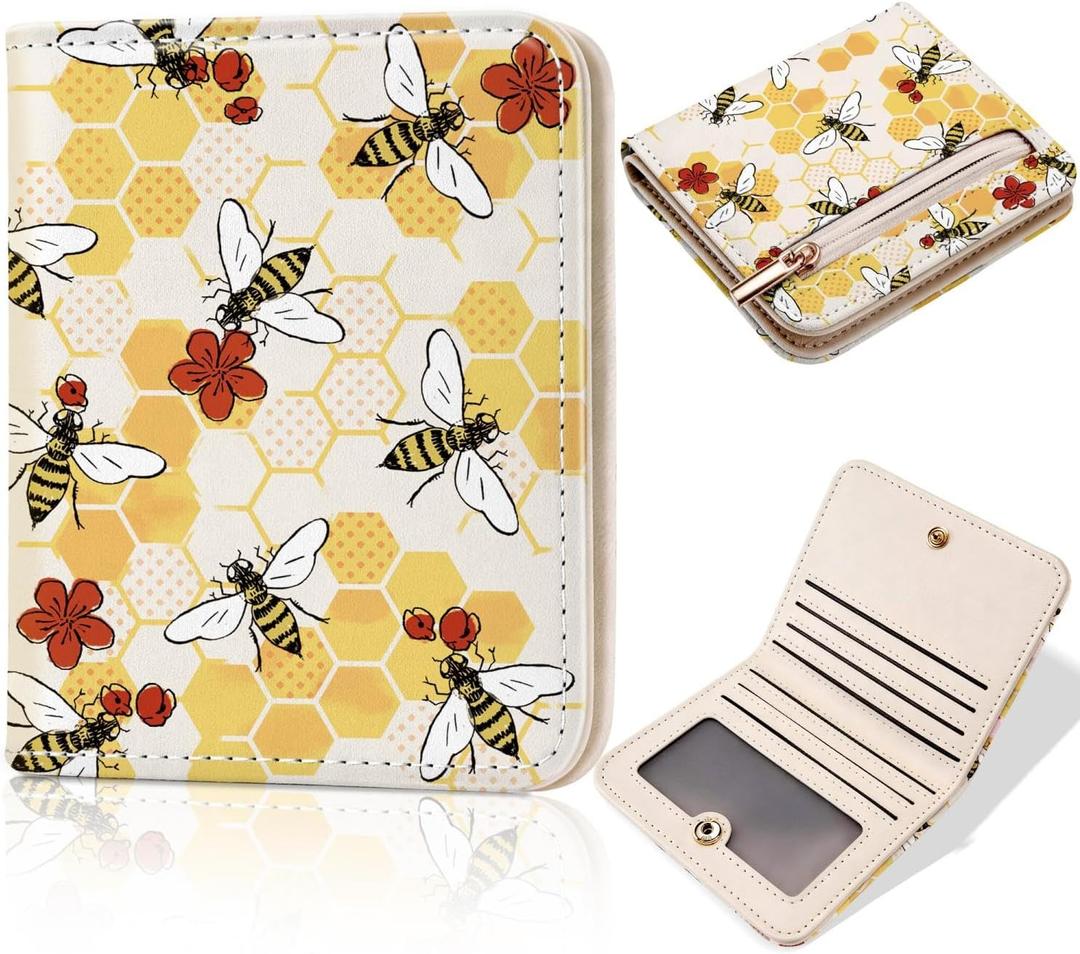 Toughergun Bee Happy Funny RFID Small Wallet Women, Slim Thin Vegan Leather Bifold Wallet with Zipper Coin Pocket & ID Window, Cute Mini Travel Credit Card Holder Gift for Women Ladies Teen Girls