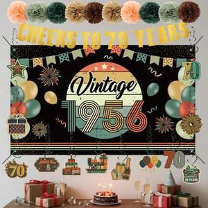 RoundFunny Vintage 70th Birthday Decorations for Men Women 1956 Banner Decorations, Including Back in 1956 Backdrop, Cheers to 70 Years Banner, 12 Hanging Swirl, 10 Paper Poms