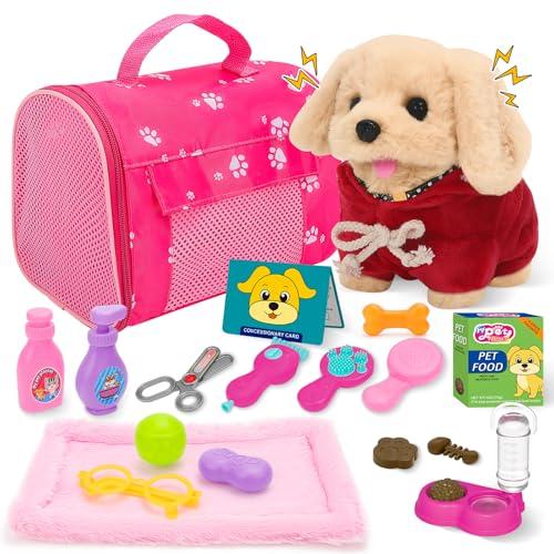deAO Dog Toys for Kids Stuffed Dog Plush Toys with Carrier Cage,Pet Mat Pretend Play Puppy Pet Care Feeding Playset Toys Gifts for Boys Girls 3 4 5 6 Year Old