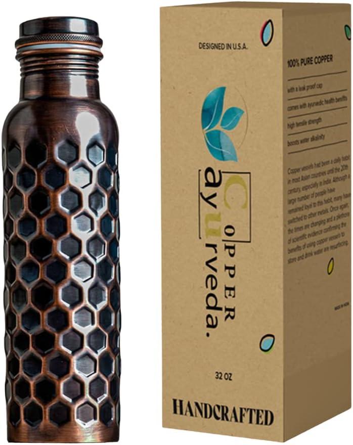 Copper Water Bottle, 32oz, Antique Black Diamond, Ayurvedic Water Bottle with Lid, for Hiking, Camping, Home, Office, Gym, Travel, Outdoor Activities