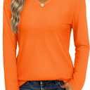 YUCOLEN Womens Long Sleeve Shirts V Neck Cotton T-Shirt Tops Solid Color Casual Breathable Basic Tee Tshirt (X-Large, A04- Orange)