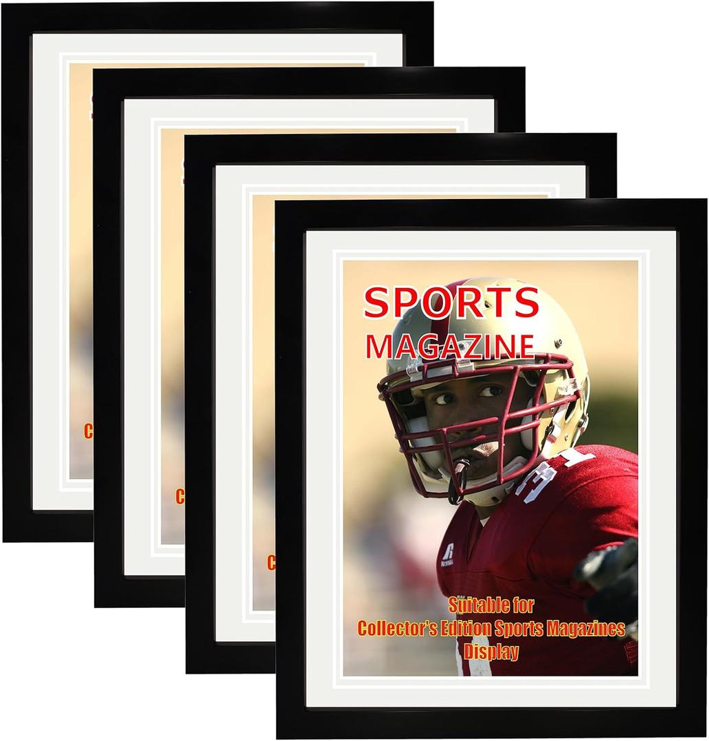 4 Pack Sports Magazine Frame Fits Measuring 8.5 x 11.25 or 8.25 x 11 Inch Magazine Display Frame with Installed Hangers and Double White Core Matting Wall Hanging