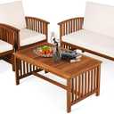 Tangkula Outdoor 4 Pcs Acacia Wood Sofa Set w/Water Resistant Cushions, Padded Patio Seating Chat Set w/Coffee Table for Garden, Backyard, Poolside (1, White)
