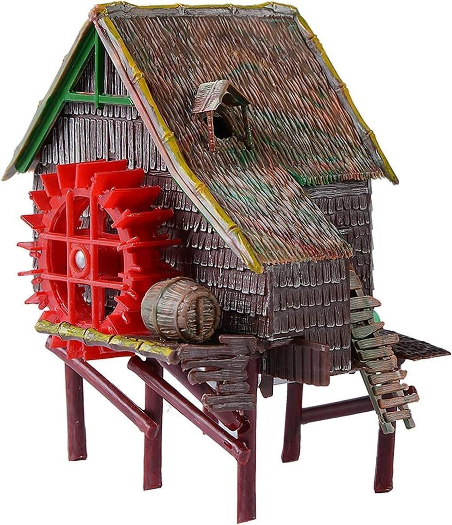 RUIAN Aquarium Decorations Waterwheel Hut (Big Water Truck) Air Action Aerating Fish Tank Ornaments Air Bubbler Movement Decorations (Redbrown)