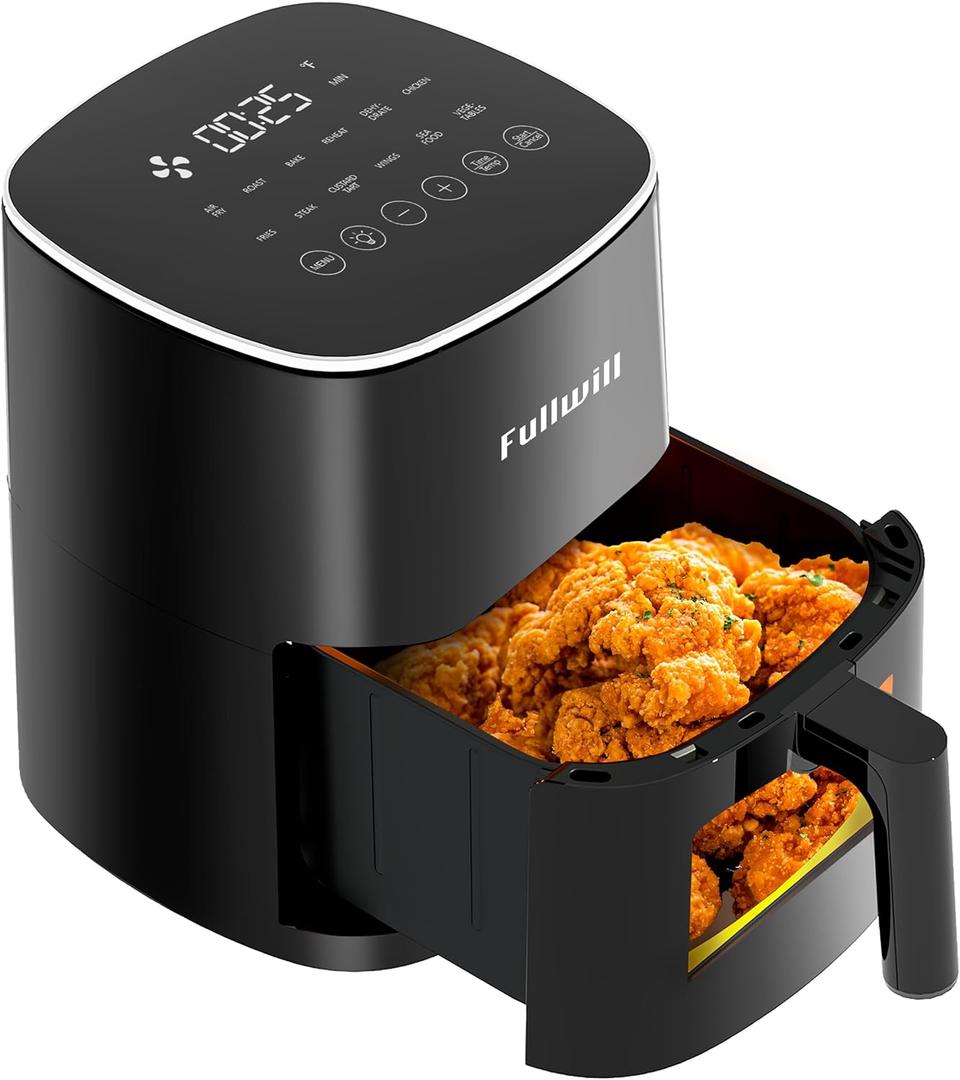 Fullwill Air Fryer with Viewing Window 6QT,5-in-1 Multi-Function (Air Fry, Roast, Bake, Reheat, Dehydrate) plus 7 One-Touch Presets for Wings, Fries, Steak and More,85% Less Oil Cooking for Families (Black)