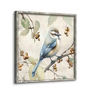 Bird Wooden Framed Wall Art: Vintage Blue Bird on the Tree Branch Picture Animal Prints Elegant Floral Painting Blossom Flower Artwork for Bedroom 28"×28"
