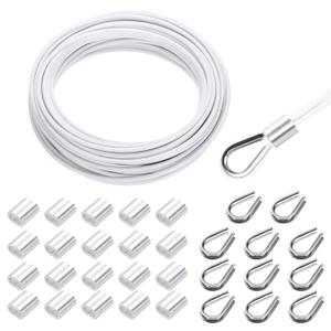 MECCANIXITY 49FT Stainless Steel Cable Railing Kit, 1/8" Vinyl Coated 7x7 Strand Wire Rope with Loop Sleeves and Thimbles for Outdoor Deck Fence Wire & String Light,Picture Hanging,White
