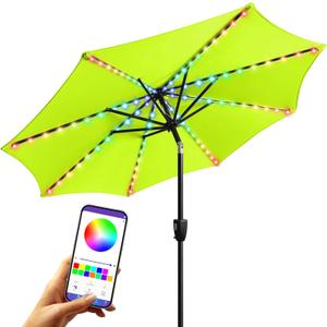 FRUITEAM Solar Colorful LED Lights Patio Umbrella, 7.5FT Heavy Duty Outdoor Market Umbrella with 200+ Light Modes, All-Weather UV Protection Sun Shade for Outdoor Table, Pool, Garden (Apple-Green) (7 1/2FT-Colored Lights)