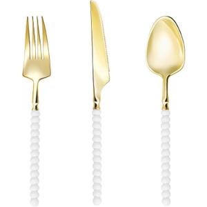120 Pcs Gold Plastic Silverware,Gold Plastic Utensils with White Beads Handle,Fancy Disposable Cutlery Set Include 40 Forks 40 Knives 40 Spoons for Party & Wedding, White Beads