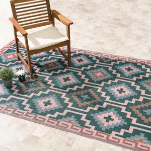 Fab Habitat Outdoor Rug - Waterproof, Fade Resistant, Crease-Free, Reversible - Premium Recycled Plastic - Vintage Boho Kilim - Large Patio, Deck, Sunroom, Camping, RV - Lhasa - Green - 6 x 9 ft
