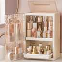 HAIXIN Makeup Organizer with Drawer & Brush Holder, Plastic Cosmetic Display Cases, Large Vanity Organizer Countertop Waterproof for Skincare, Perfume, Bathroom & Dresser (White & Amber)