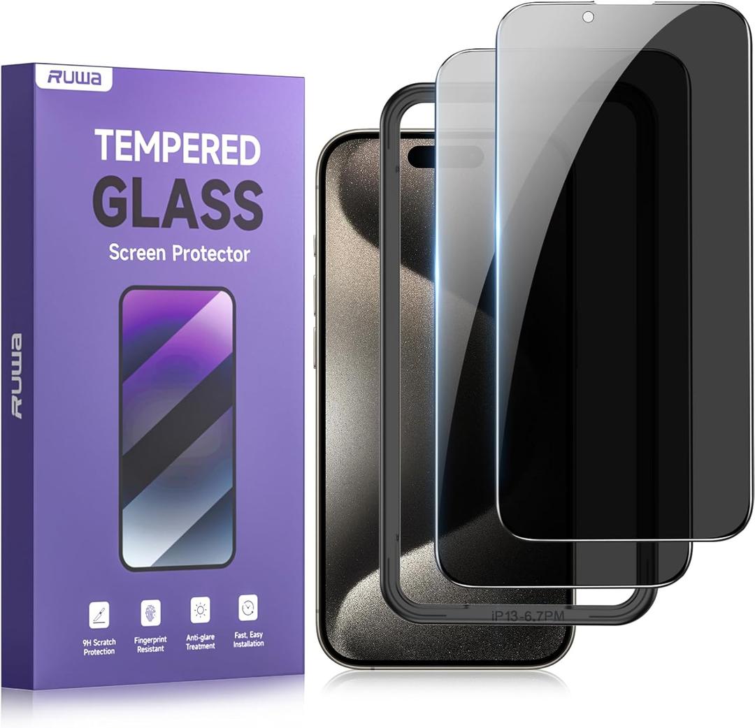 2 x ruwa Privacy Screen Protector for iPhone 13 Pro Max and iPhone 14 Plus [6.7 Inch][2-Pack] Tempered Glass with Easy Installation Frame, Anti-Scratch