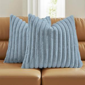 FUTEI Dusty Blue Decorative Throw Pillow Covers Set of 2, 18x18 Inch Soft Fluffy Faux Fur Plush Striped Cushion Cases, Modern Home Decor for Couch Bed Living Room