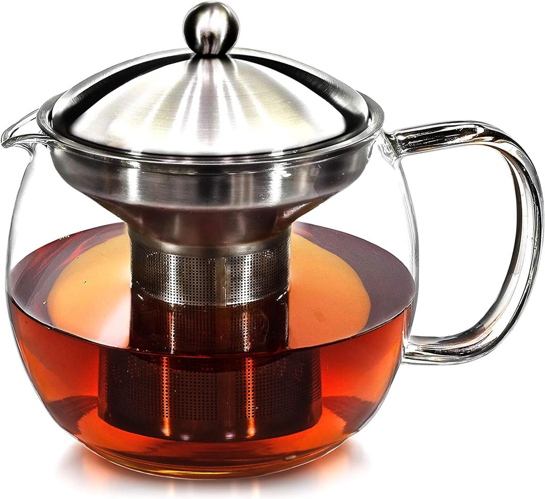 Teapot with Infuser for Loose Tea - 40oz, 3-4 Cup, Clear Glass Kettle Pot with Strainer & Warmer - For Whole Leaf, Iced Maker & Brewer