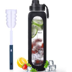 Glass Water Bottles 32oz with Silicone Sleeve Drinking Hydration Bottles Reusable Borosilicate Wide Mouth Motivational Water Flask Canteen with Time Marker Spout Lid and Brush
