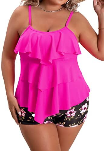 B2prity Women Plus Size Tankini Swimsuits Tummy Control Two Piece Bathing Suit Ruffled Flounce Swimwear with Shorts, (Hot Pink), Size 18W
