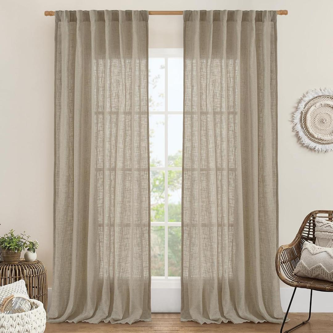 LAMIT Taupe Sheer Linen Curtains, 102 inch Light Filtering Semi Sheer Panels Back Tab and Rod Pocket Farmhouse Rust Drapes for Bedroom/Living Room, 2 Panels, 52 x 102 Inch