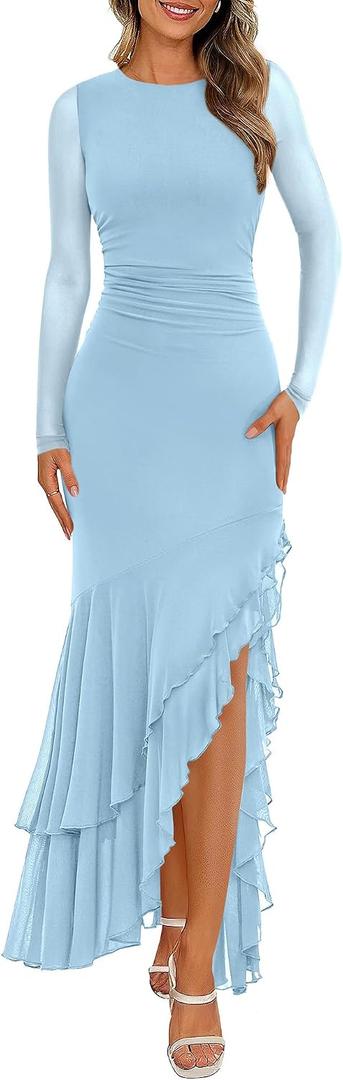 BTFBM Women's Maxi Dresses Spring 2026 Long Sleeve Ruched Bodycon Solid Ruffle Mermaid Cocktail Wedding Guest Dress, XXL