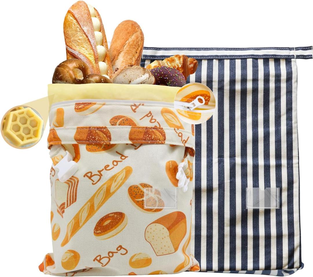 Reusable Beeswax Bread Bags for Homemade Bread Sourdough, XL Eco-Friendly Fresh Food Storage with Buckle & Zipper, Moisture Lock, Keeps Bakes Fresh Longer (2 Pack)
