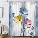 Rustic Farmhouse Shower Curtain, Farm Blue Daisy Floral Flowers and Butterfly on Country Wooden Shower Curtain for Bathroom, Turquoise Pink Yellow Bathroom Shower Curtains with 12PCS Hooks, 70X70IN