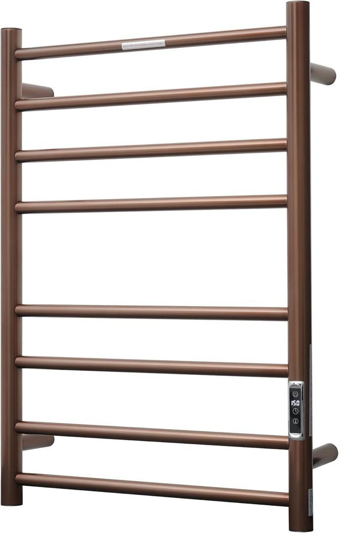 Electric Heated Towel Warmer - Wall Mounted Bathroom Towel Rack, Plug-in Design & Gold Brushed Stainless Steel Finish 8 Bar ORB with Timer & Temperature Control