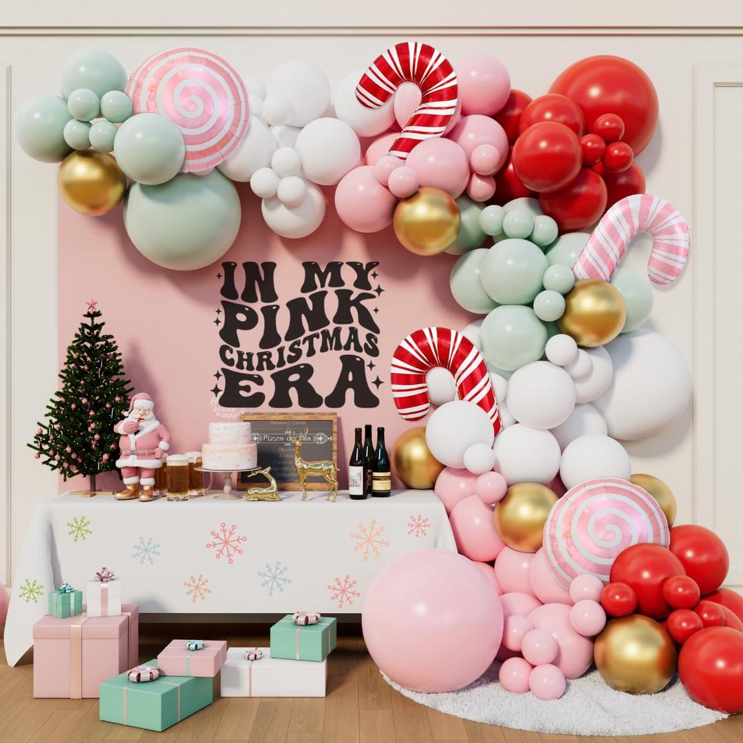 Pastel Pink Christmas Balloon Garland Arch Kit Pastel Pink Green Red White Balloons for Girls Christmas Birthday Baby Shower Friendsmas Santa Baby Holiday Party Decoration (Pink)