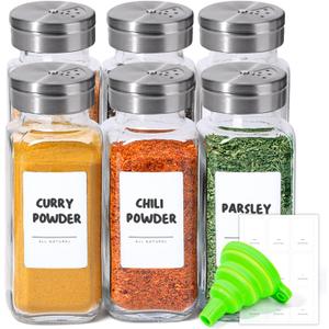 ComSaf Spice Jars with Shaker lids Adjustable, 8oz 6PCS9 DIY Labels, Spice Jars Trial Set & Supplement Set, Empty Ingredient Containers and Square Ingredient Bottles for Kitchen and Seasoning